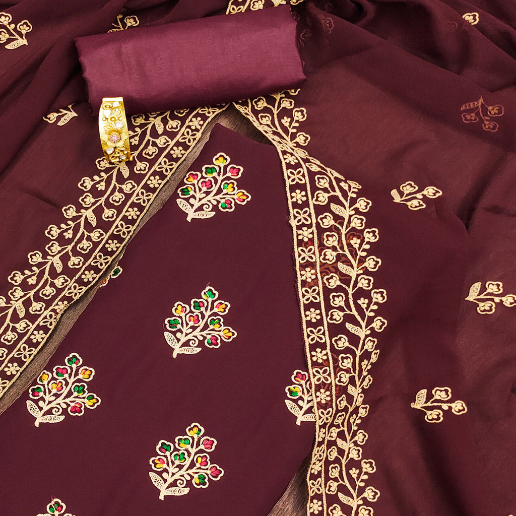 Maroon Floral Embroidered Georgette Dress Material