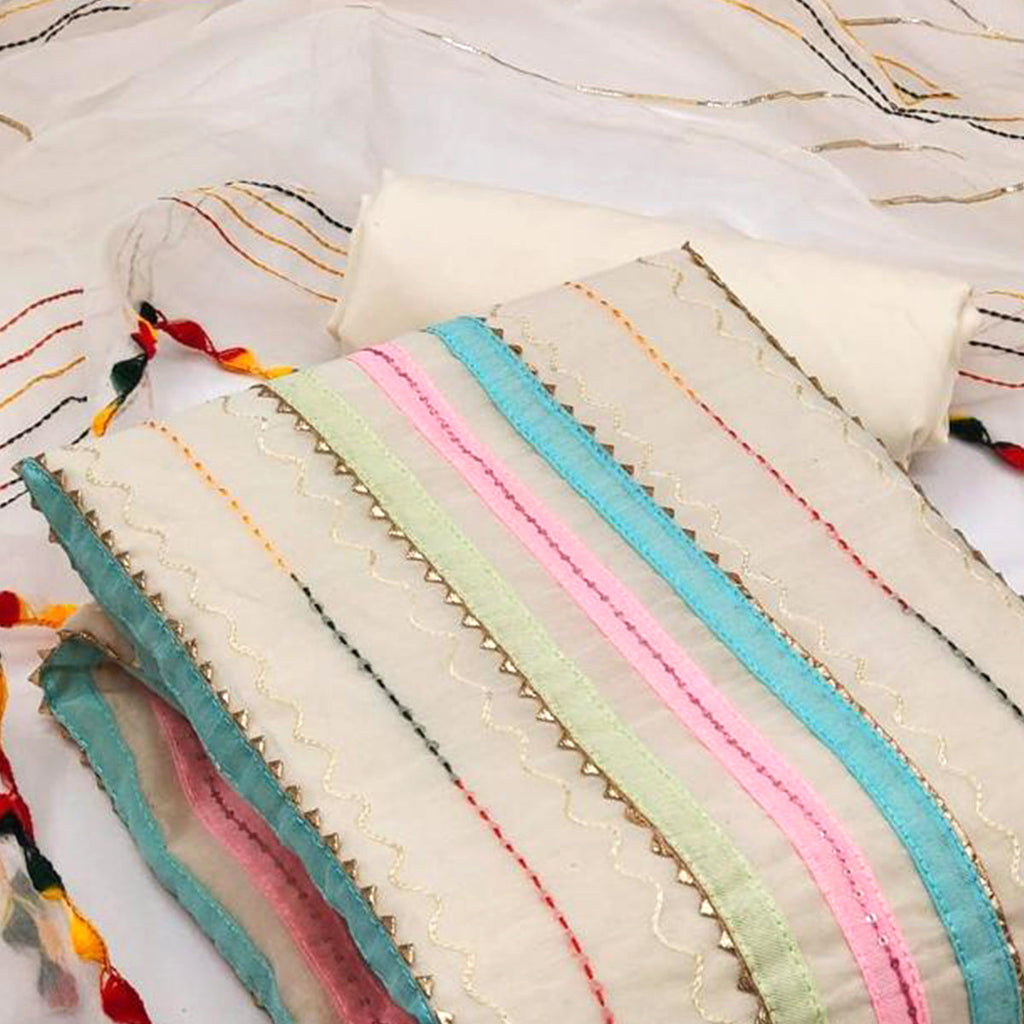 Cream Sequins Embroidered Chanderi Dress Material