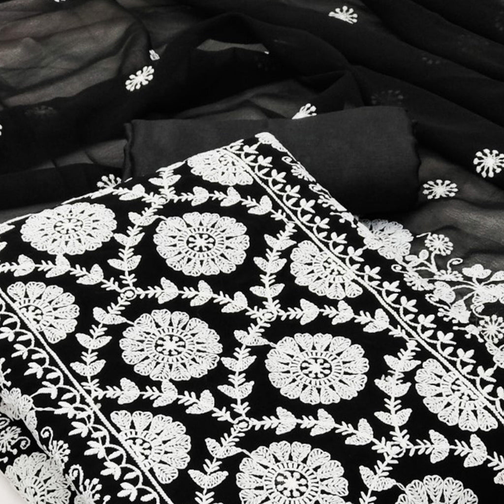 Black Floral Embroidered Georgette Dress Material