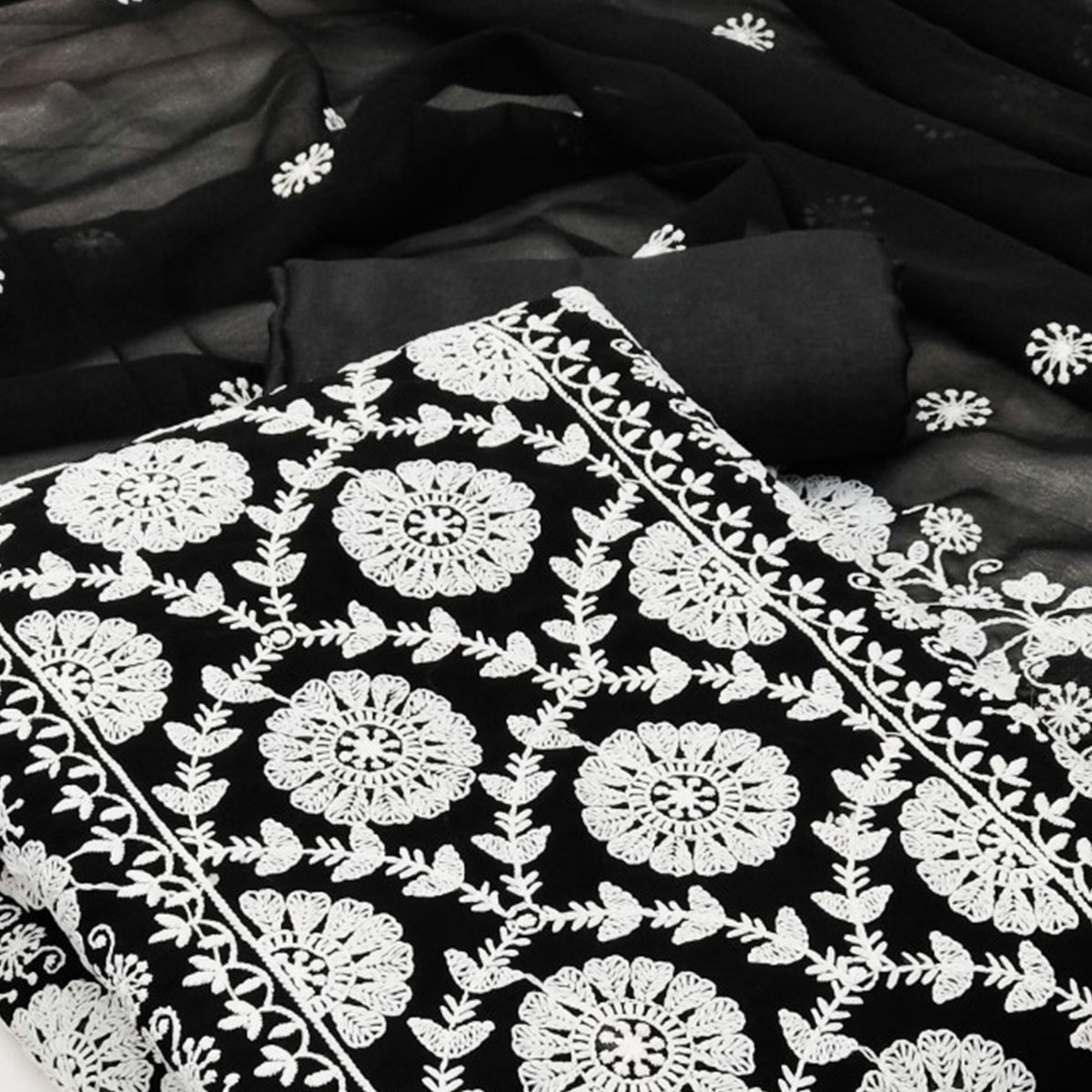 Black Floral Embroidered Georgette Dress Material