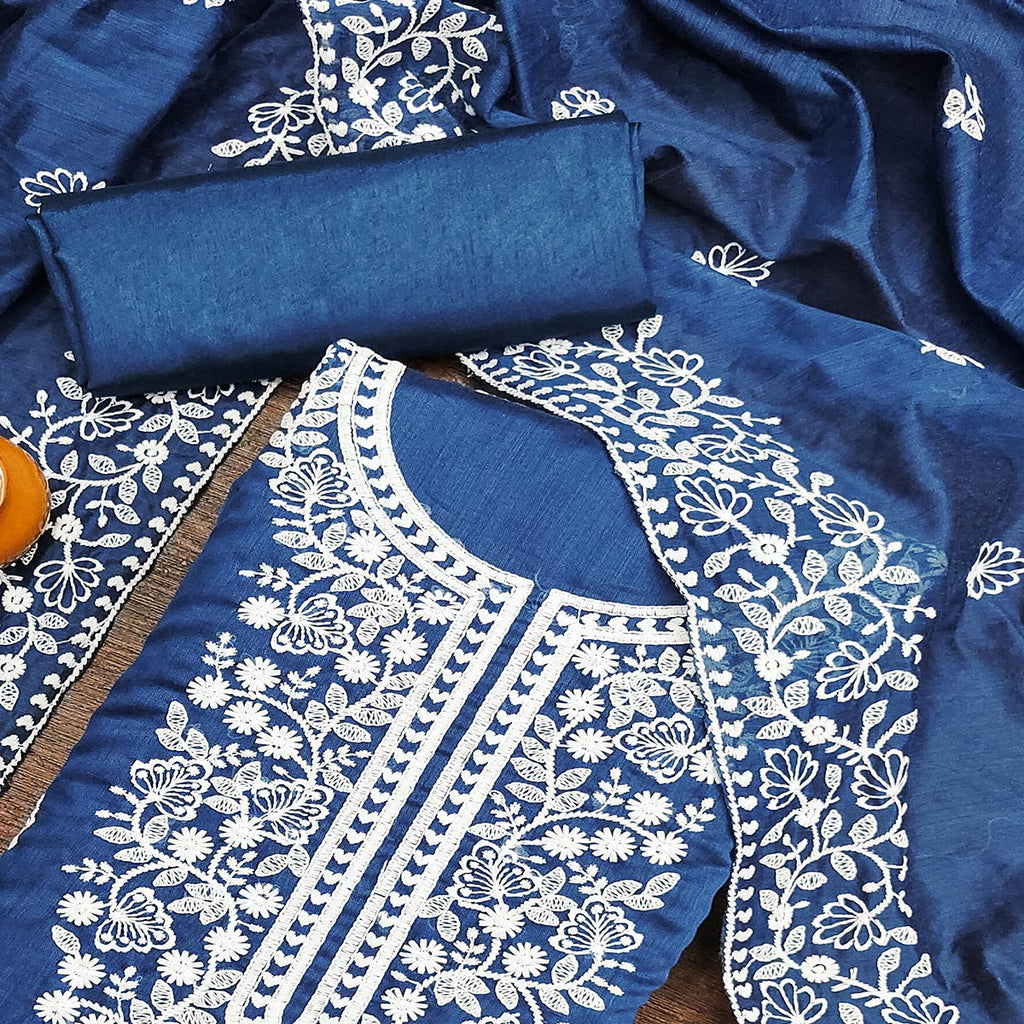 Blue Floral Embroidered Chanderi Cotton Dress Material