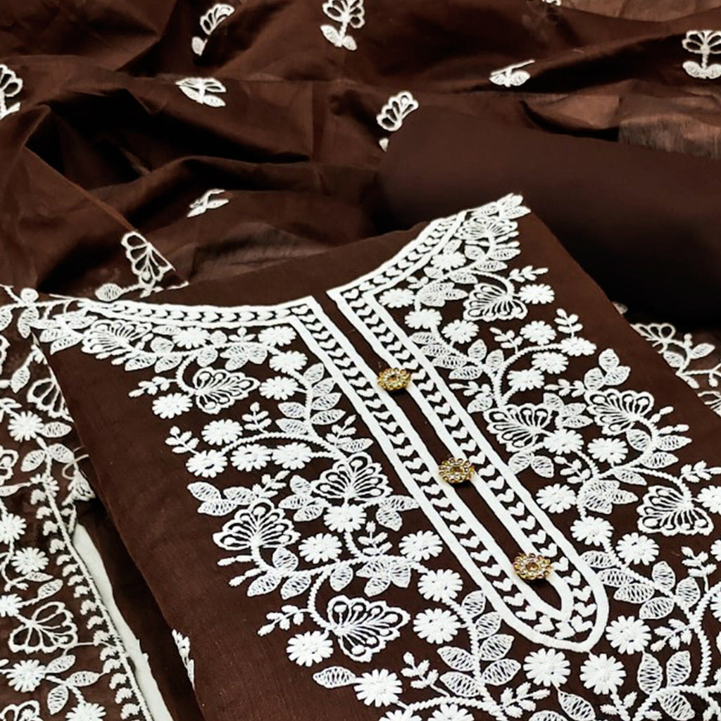 Brown Floral Embroidered Chanderi Cotton Dress Material