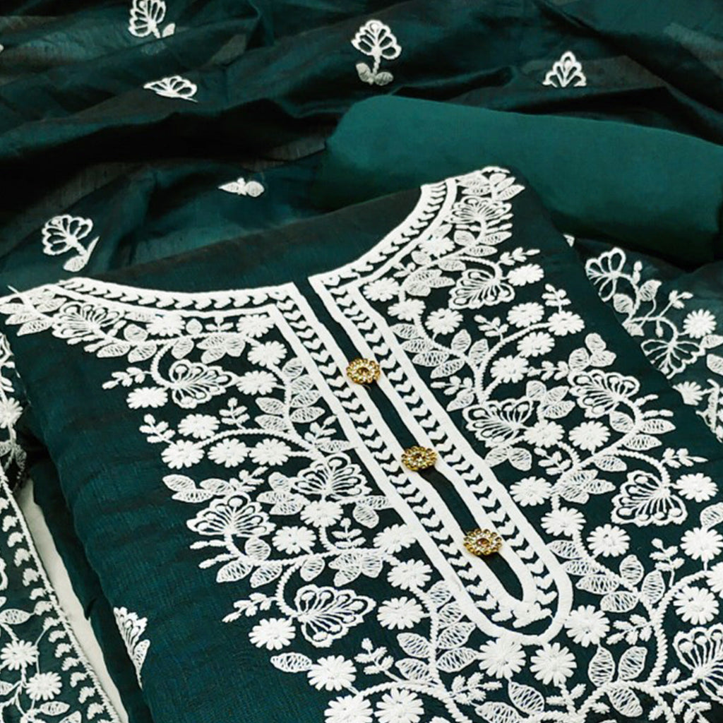 Dark Green Floral Embroidered Chanderi Cotton Dress Material