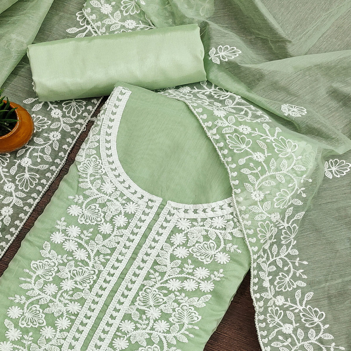 Green Floral Embroidered Chanderi Cotton Dress Material