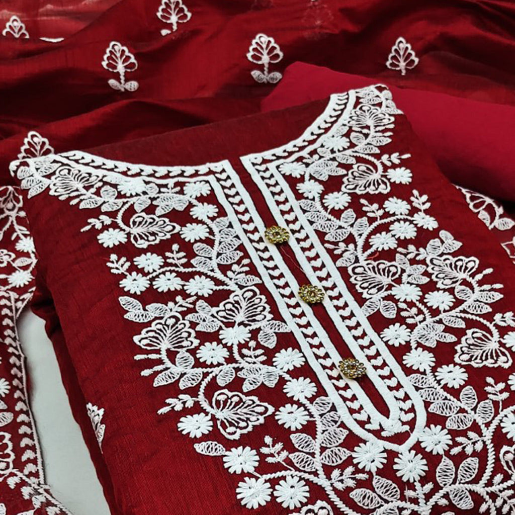 Maroon Floral Embroidered Chanderi Cotton Dress Material