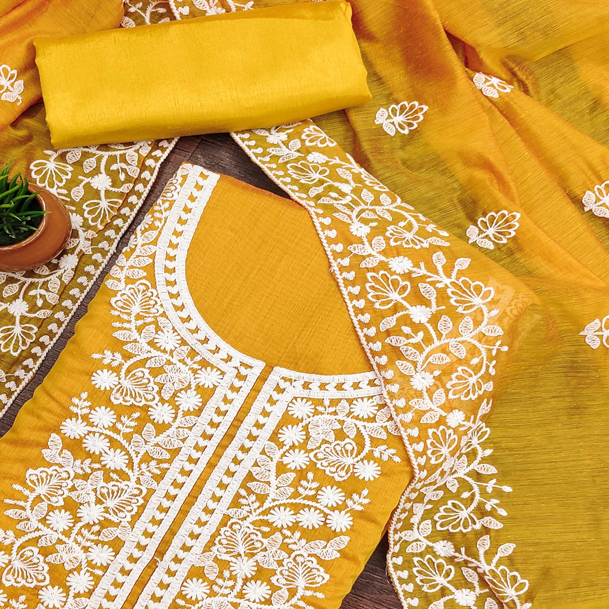 Mustard Floral Embroidered Chanderi Cotton Dress Material