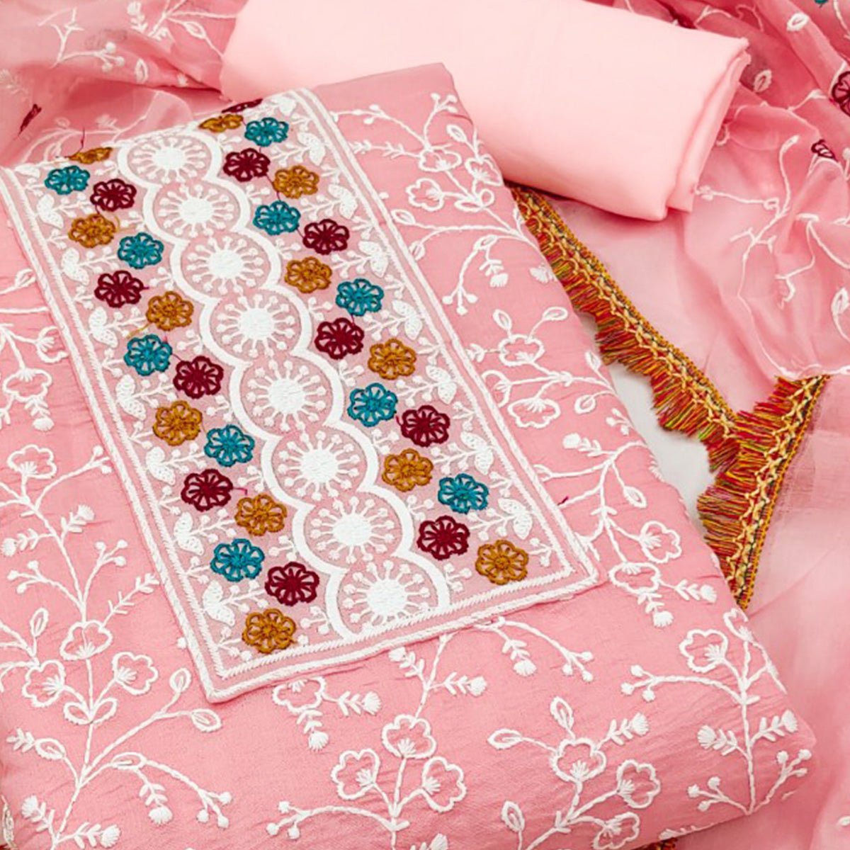 Pink Chanderi Cotton Dress Material With Floral Thread Embroidery