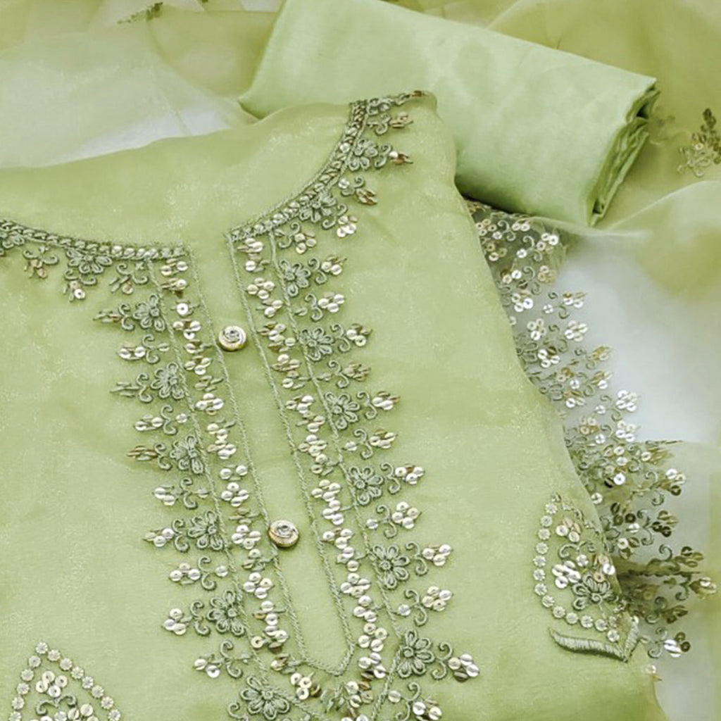 Green Organza Silk Dress Material With Exquisite Floral Embroidery & Sequin Work