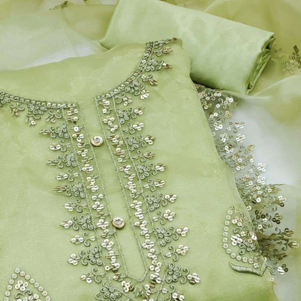Green Organza Silk Dress Material With Exquisite Floral Embroidery & Sequin Work