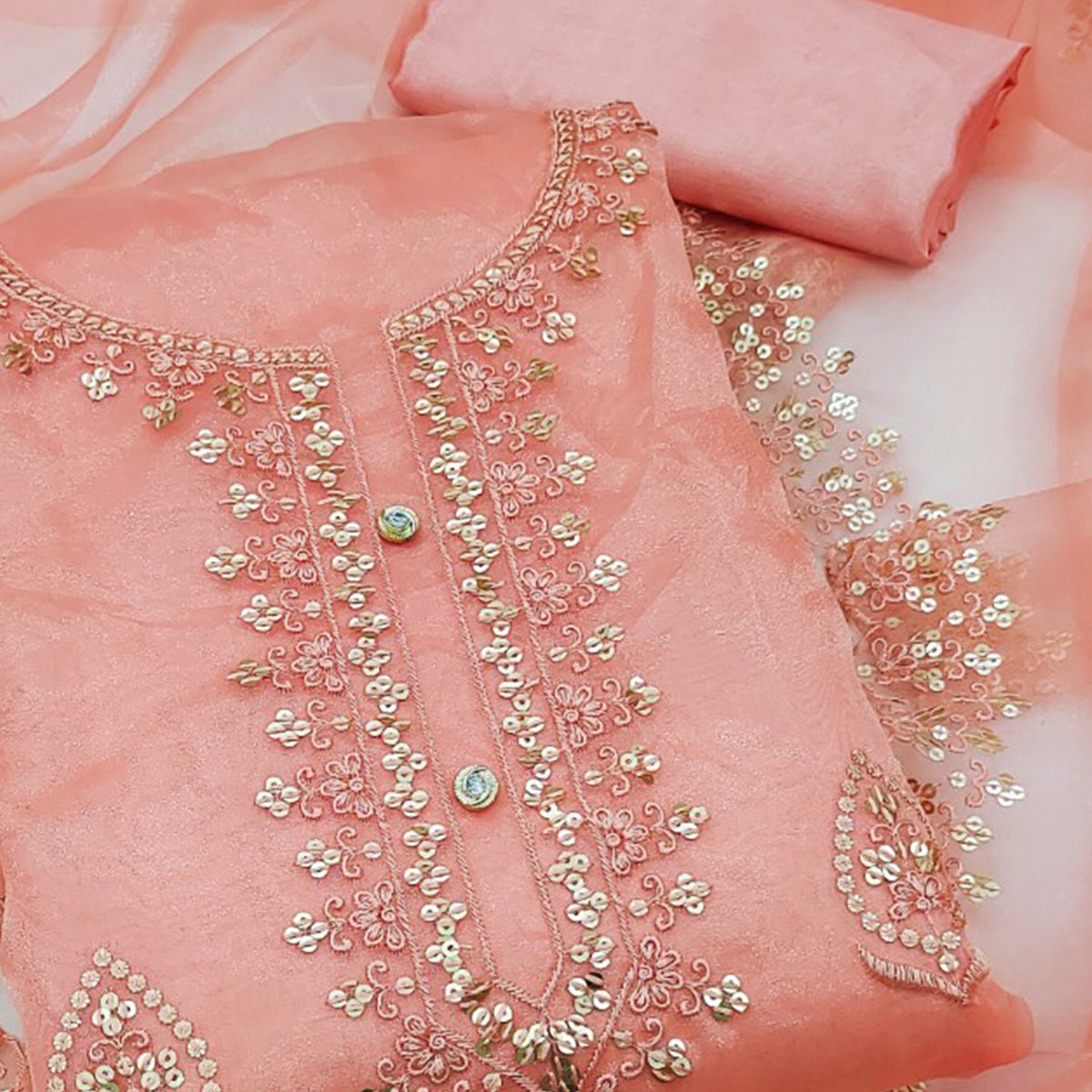 Peach Organza Silk Dress Material With Exquisite Floral Embroidery & Sequin Work