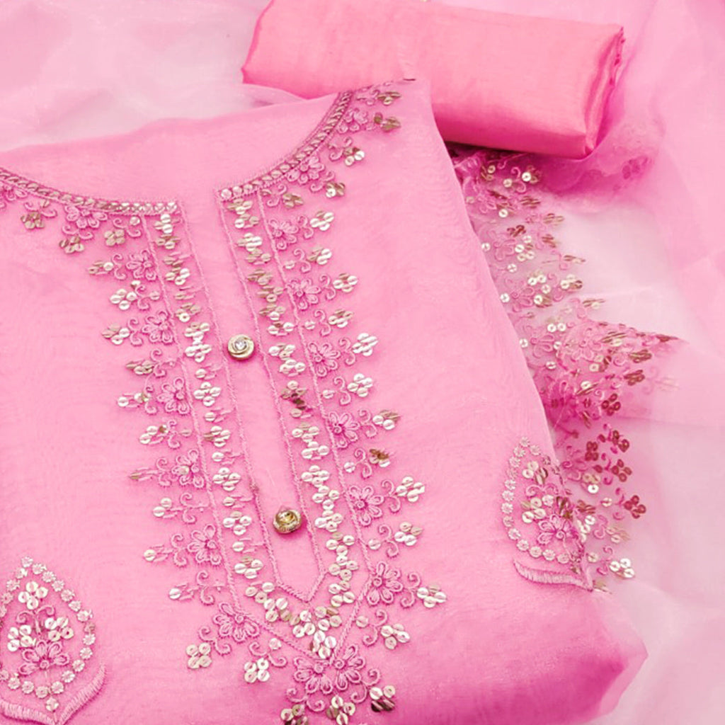 Pink Organza Silk Dress Material With Exquisite Floral Embroidery & Sequin Work