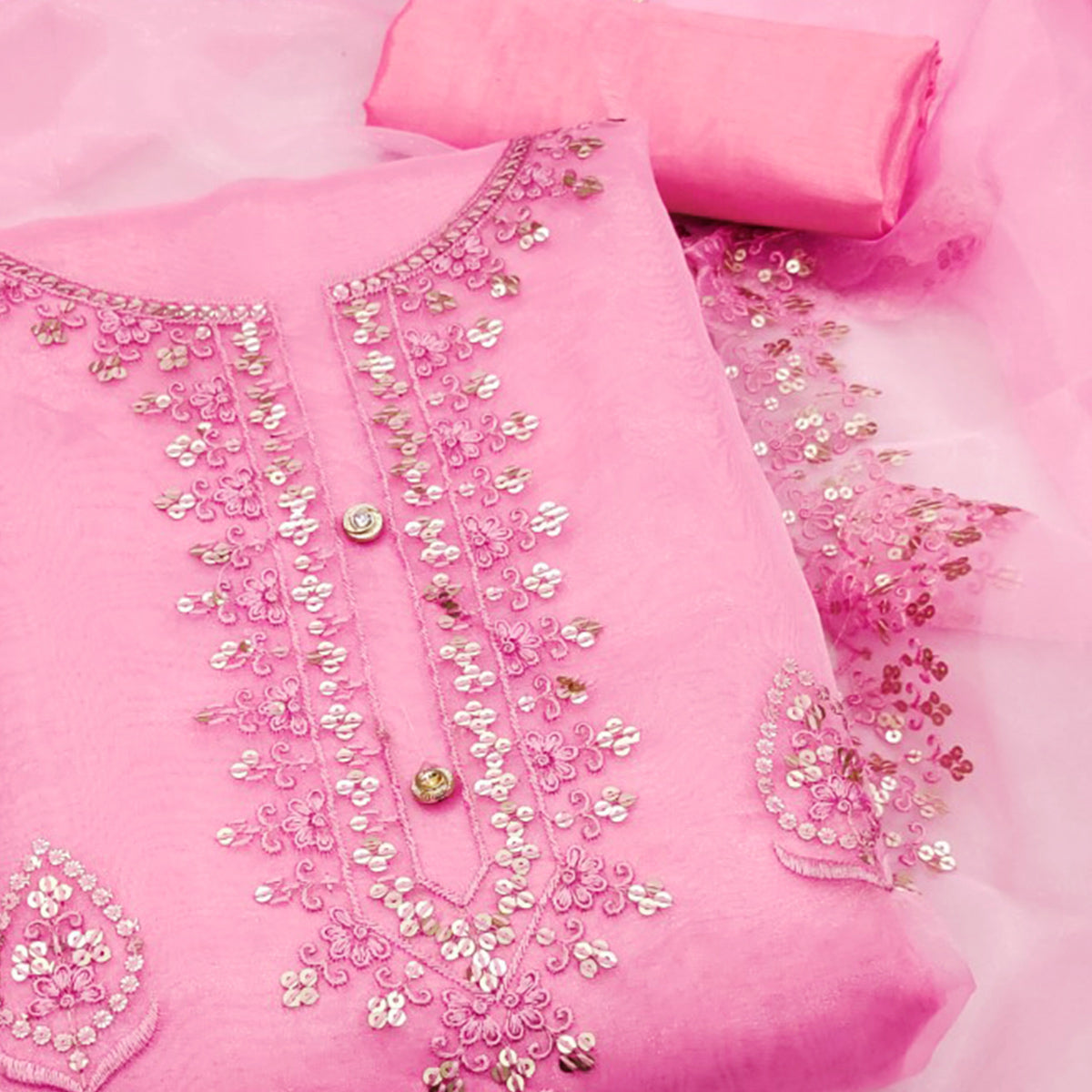Pink Organza Silk Dress Material With Exquisite Floral Embroidery & Sequin Work