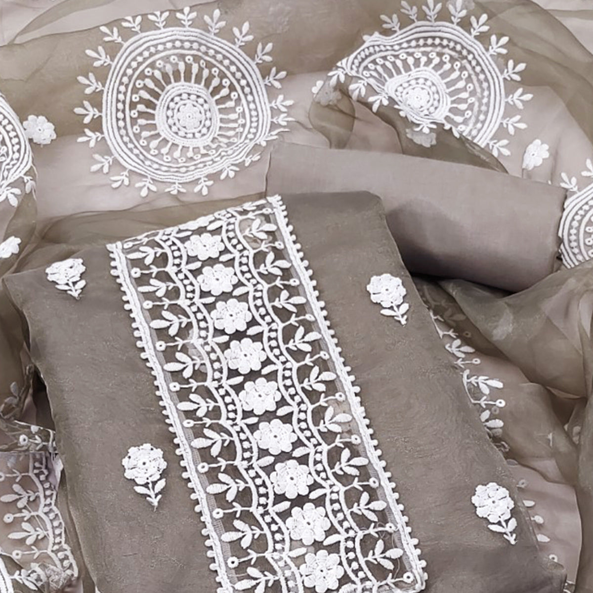 Grey Organza Dress Material With Intricate Floral Thread Embroidery