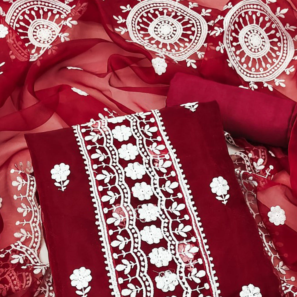 Maroon Organza Dress Material With Intricate Floral Thread Embroidery