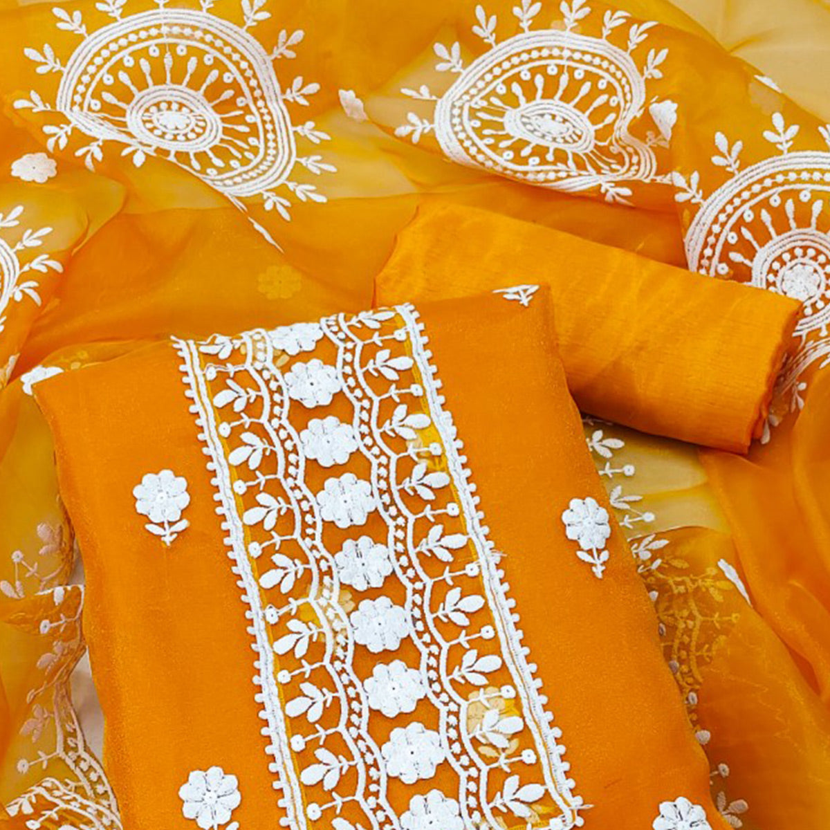 Orange Organza Dress Material With Intricate Floral Thread Embroidery