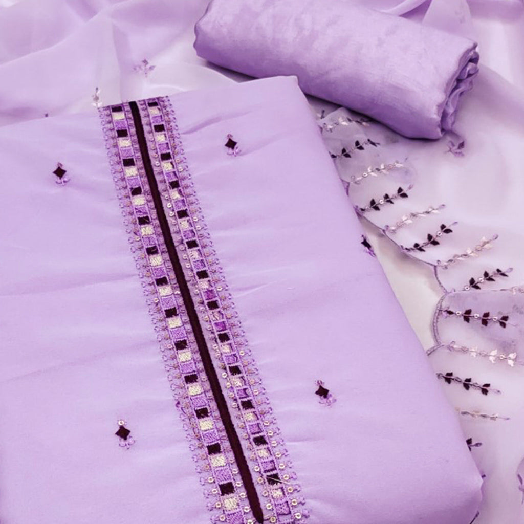Lavender Sequins & Thread Embroidered Georgette Dress Material