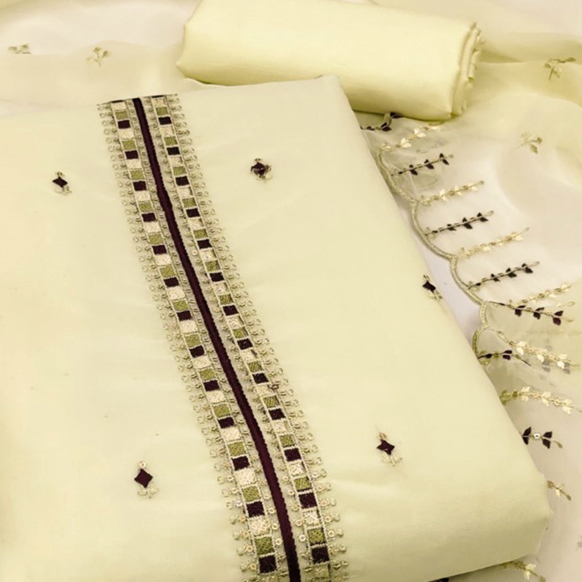 Light Yellow Sequins & Thread Embroidered Georgette Dress Material