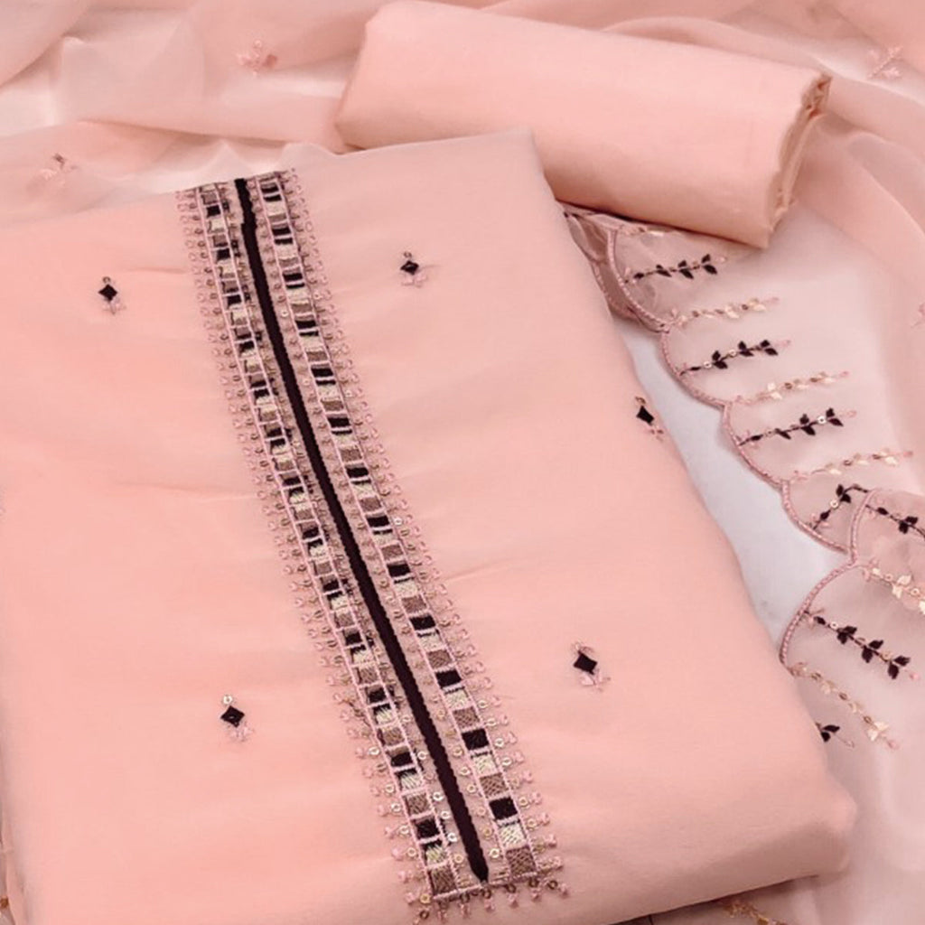 Peach Sequins & Thread Embroidered Georgette Dress Material