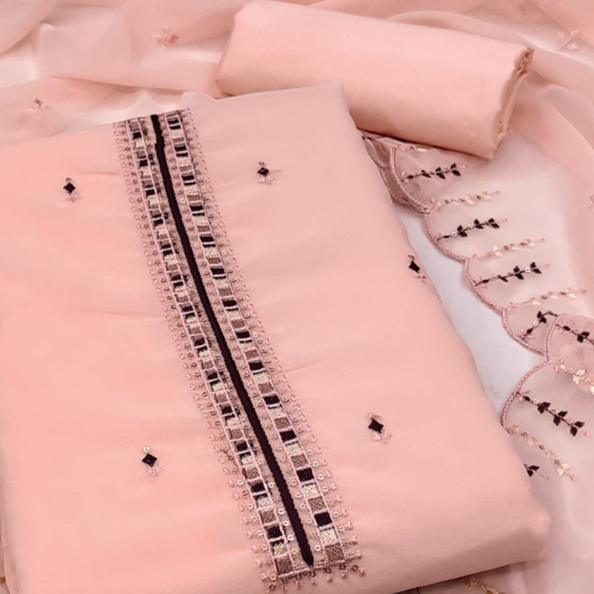 Peach Sequins & Thread Embroidered Georgette Dress Material