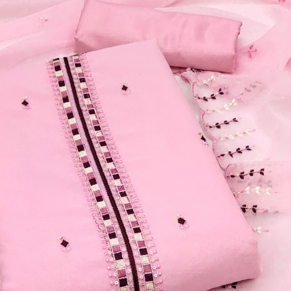 Pink Sequins & Thread Embroidered Georgette Dress Material