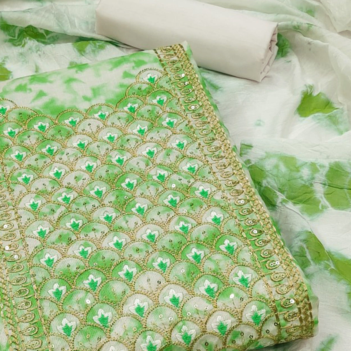 Green Printed With Embroidery Cotton Blend Dress Material