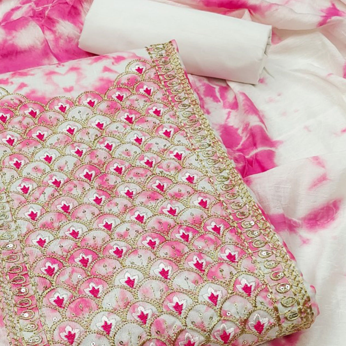 Pink Printed With Embroidery Cotton Blend Dress Material