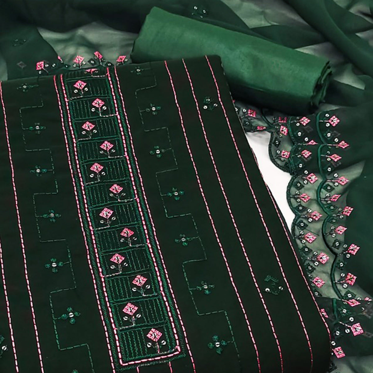 Green Sequins Embroidered Georgette Dress Material