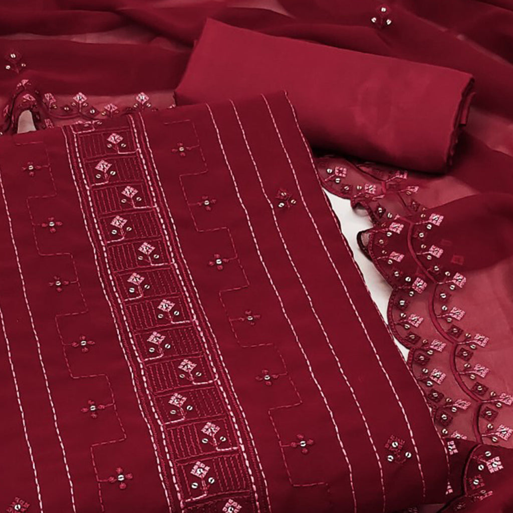 Maroon Sequins Embroidered Georgette Dress Material