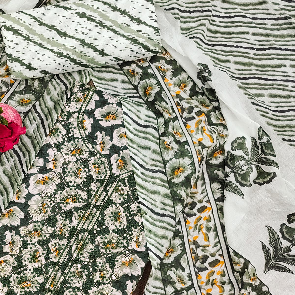Green Printed With Embroidered Cotton Blend Dress Material