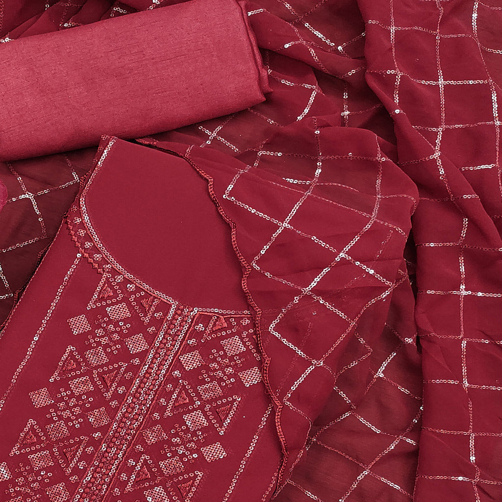Maroon Sequins Embroidered Georgette Dress Material