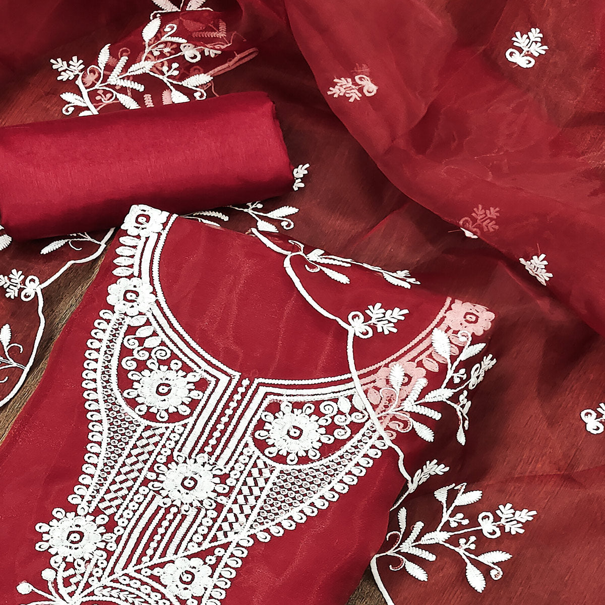 Maroon Floral Embroidered Organza Dress Material