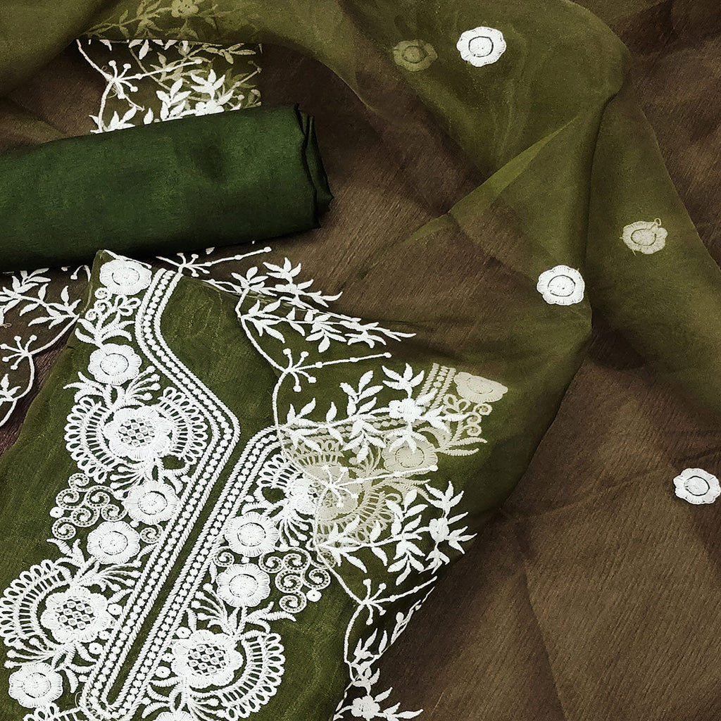 Mehendi Green Floral Embroidered Organza Dress Material
