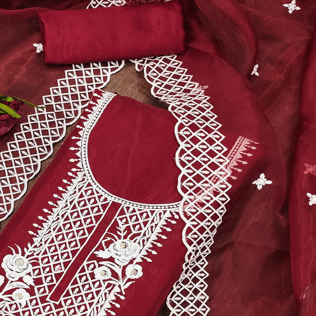 Maroon Floral Embroidered Organza Dress Material