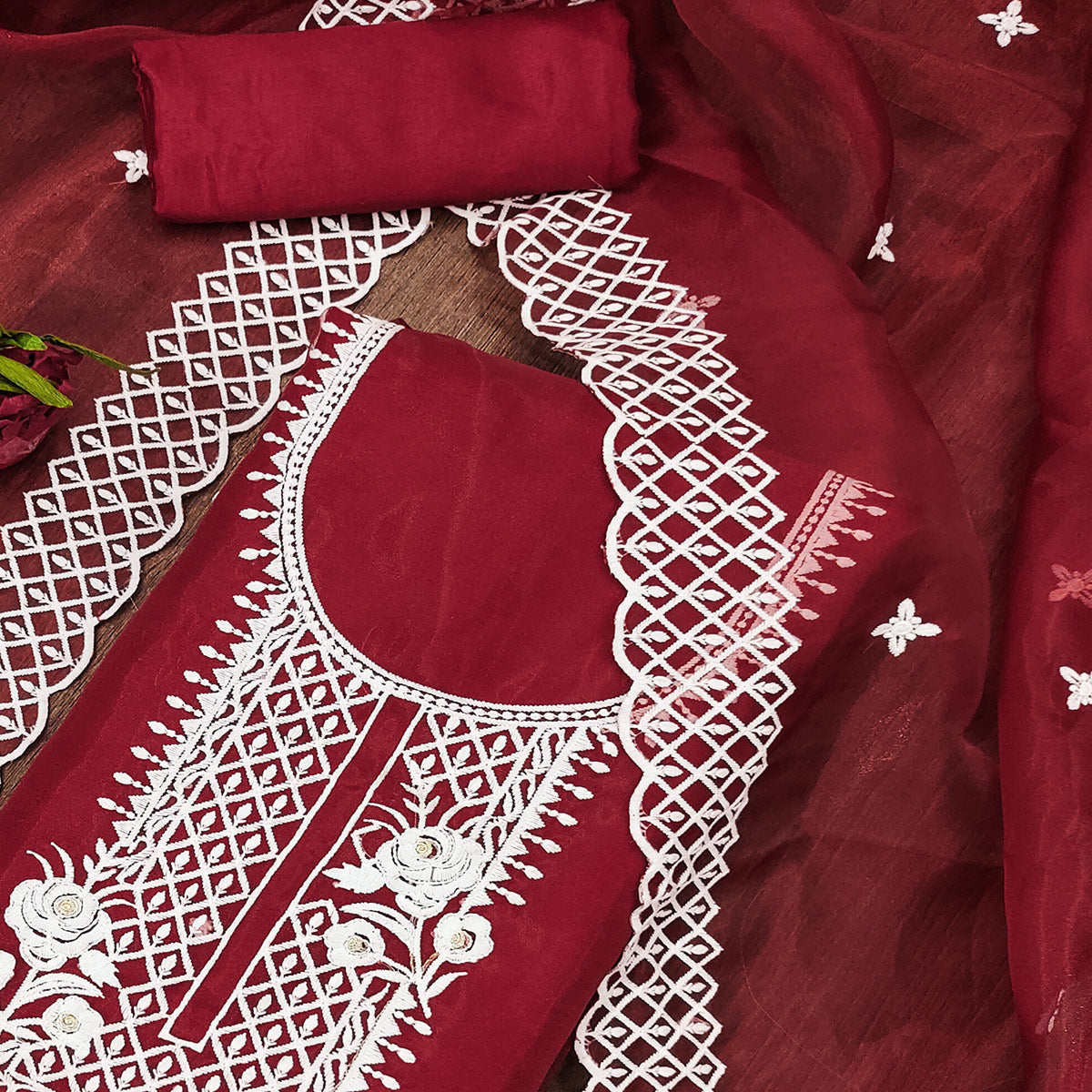 Maroon Floral Embroidered Organza Dress Material
