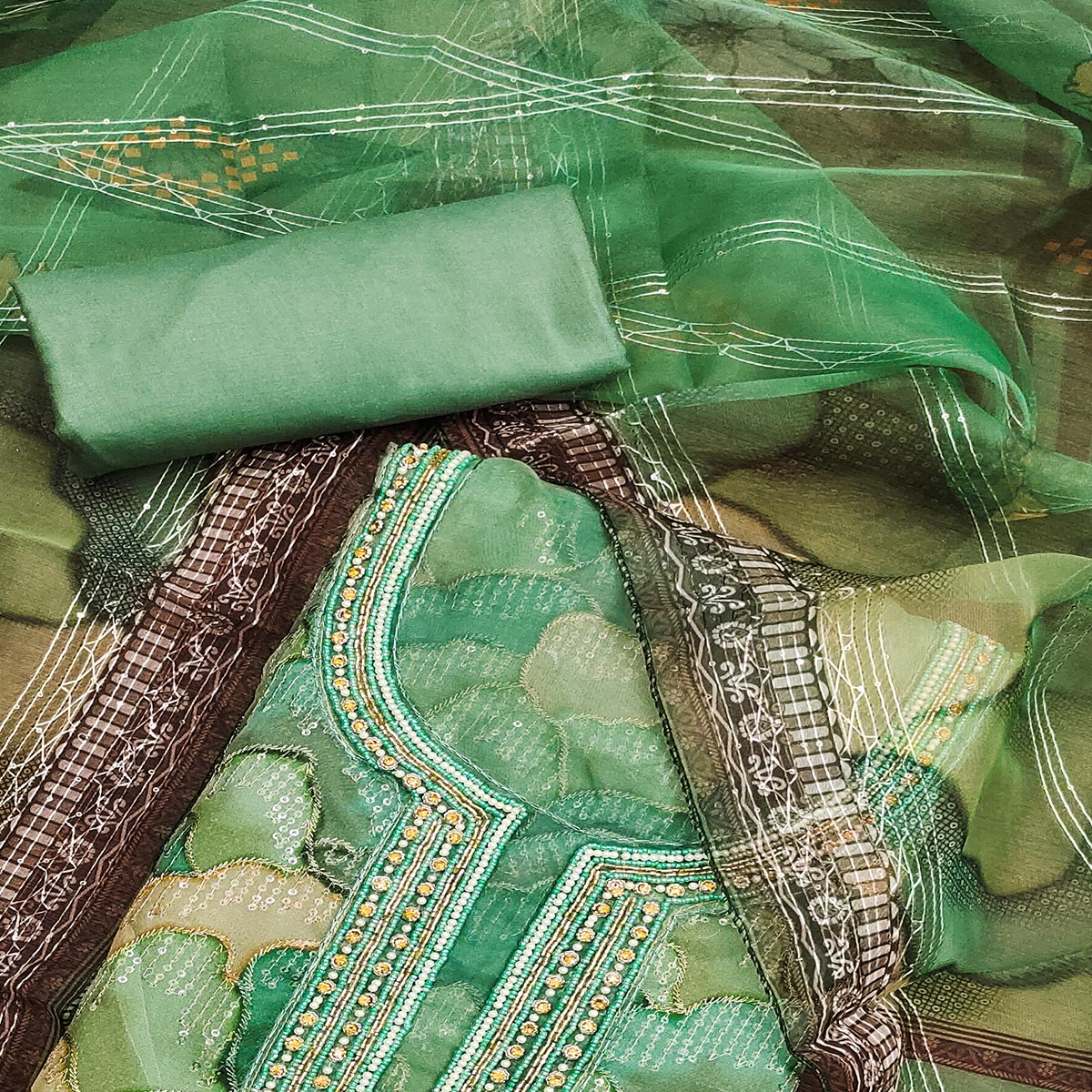 Green Sequins Embroidered Organza Dress Material