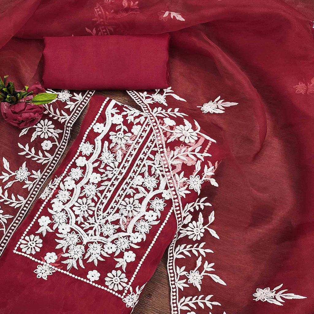 Maroon Floral Embroidered Organza Dress Material