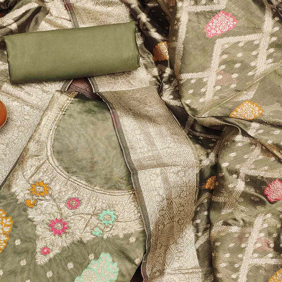 Green Floral Woven Jacquard Dress Material