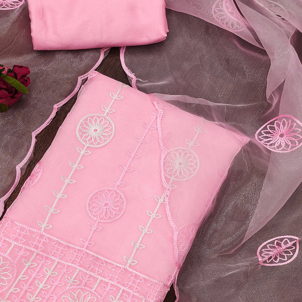 Pink Floral Embroidered Organza Dress Material