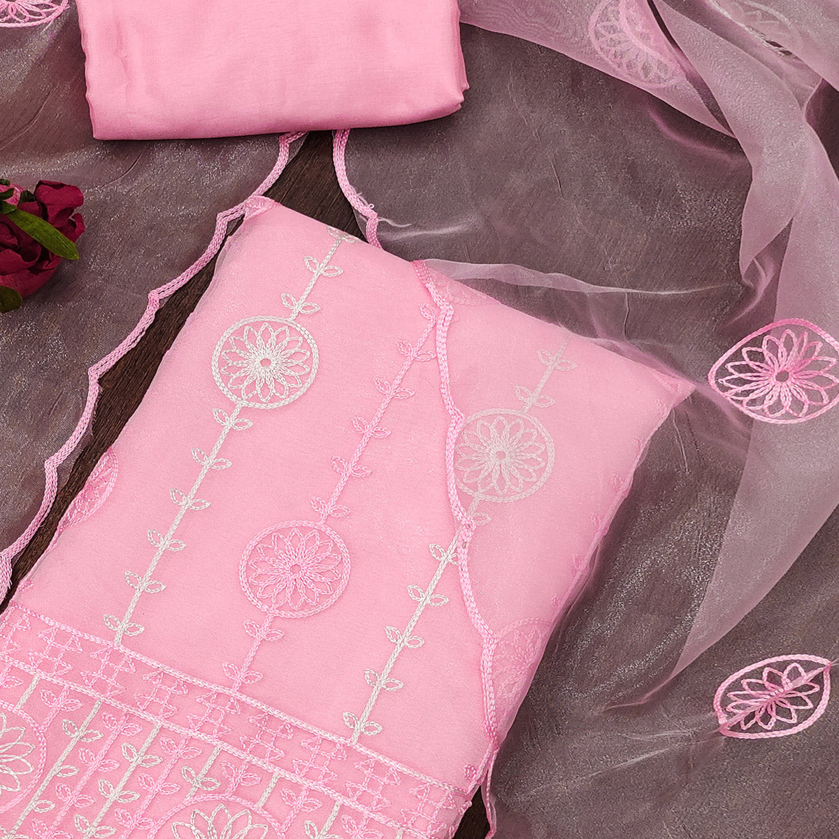 Pink Floral Embroidered Organza Dress Material