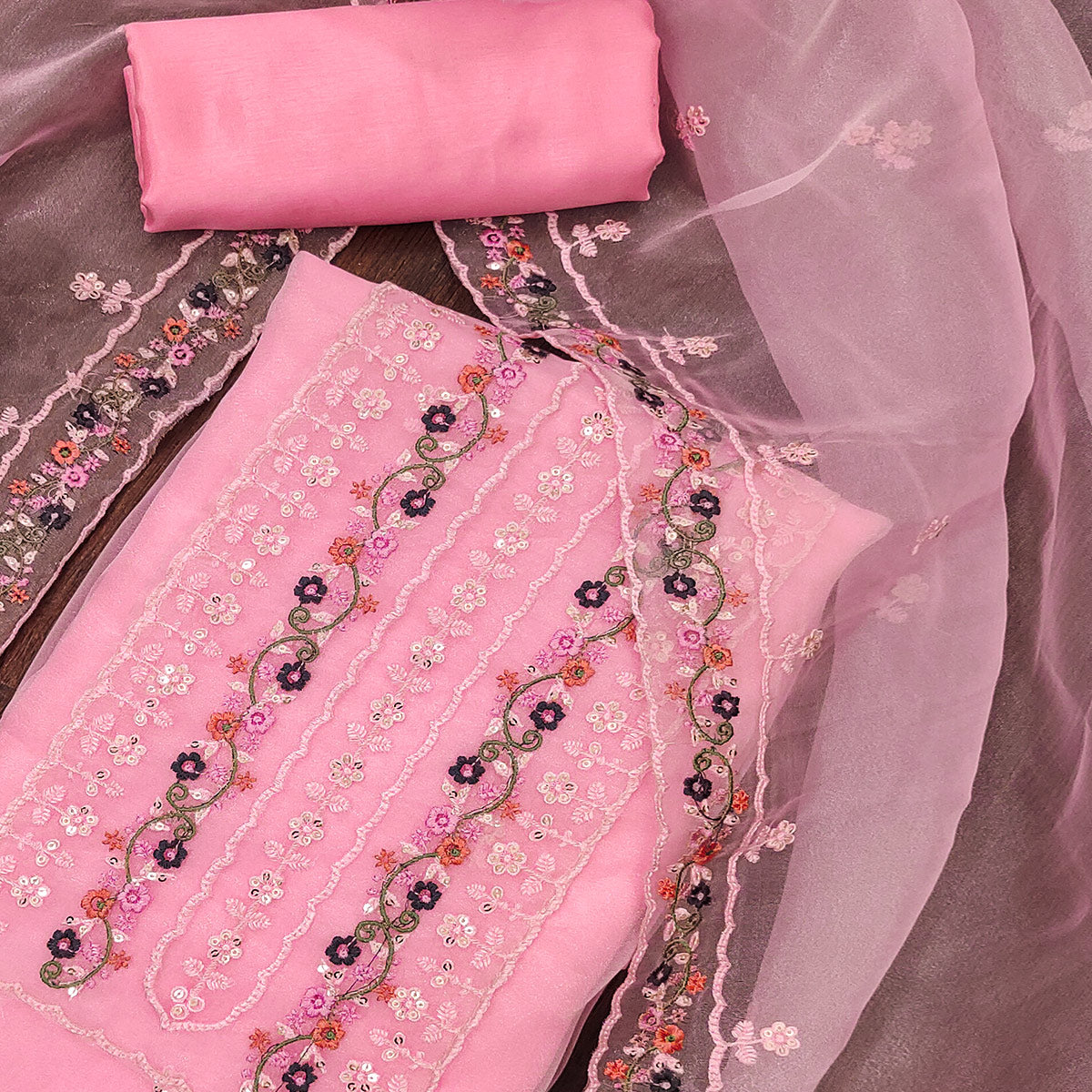 Pink Floral Sequins Embroidered Organza Dress Material