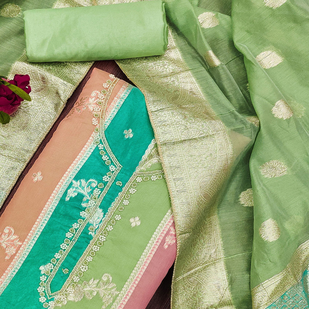 Green Floral Woven With Hand Embroidered Jacquard Dress Material