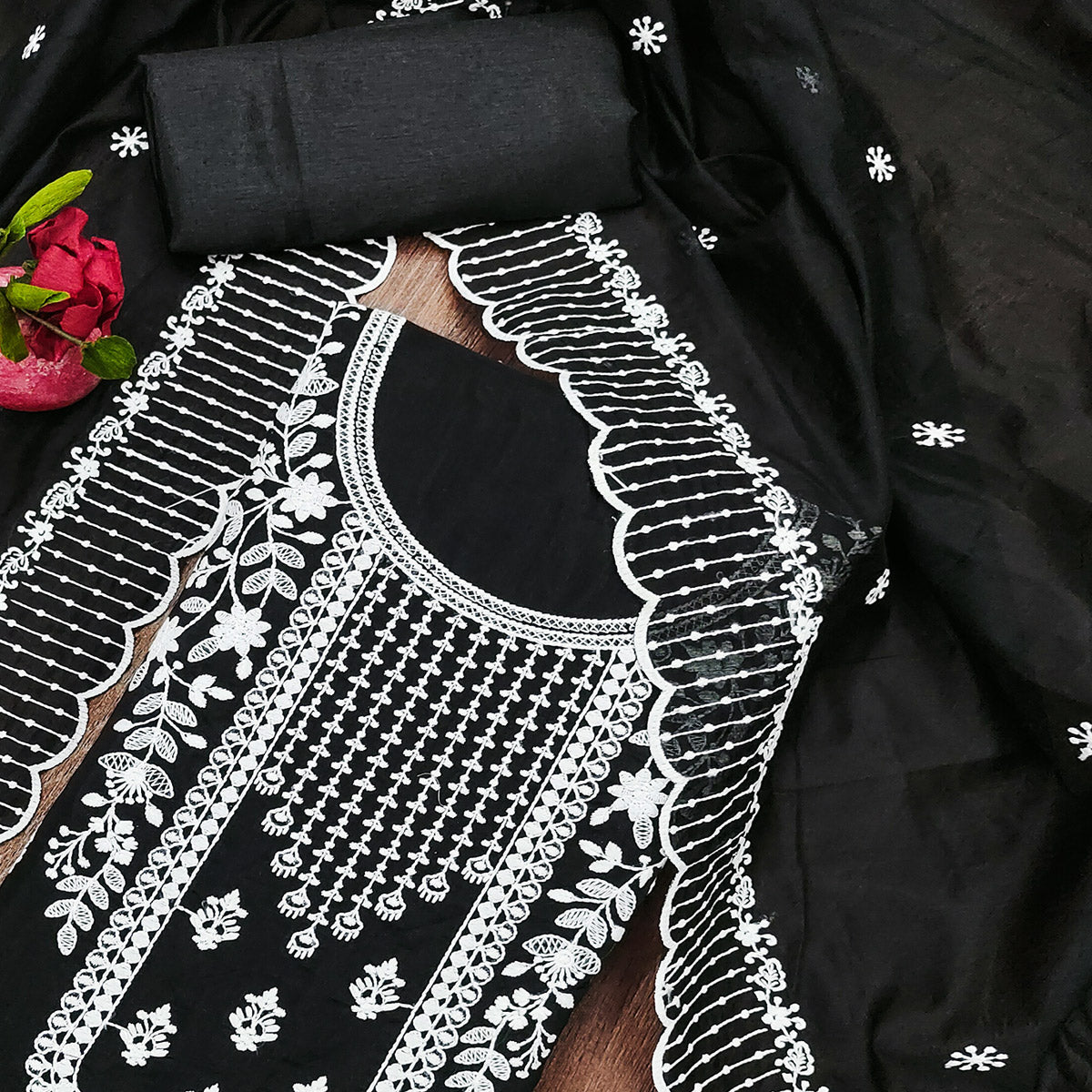 Black Floral Embroidered Chanderi Dress Material