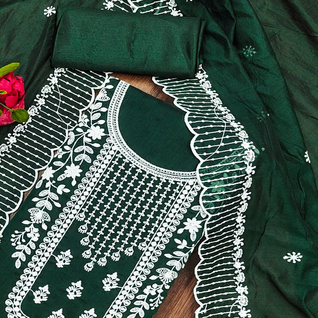 Green Floral Embroidered Chanderi Dress Material