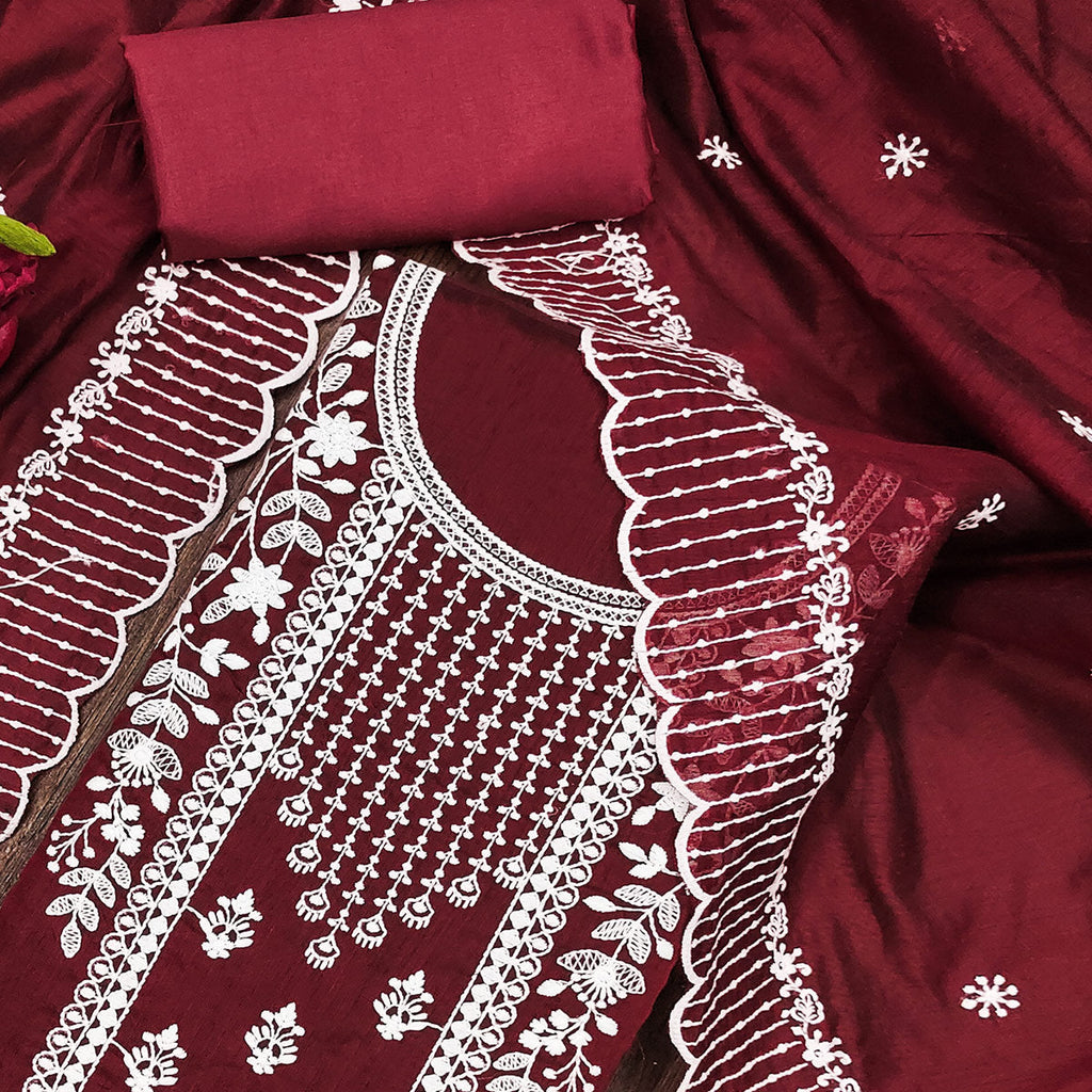 Maroon Floral Embroidered Chanderi Dress Material