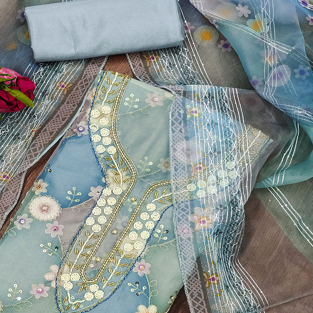 Blue Floral Sequins Embroidered Organza Dress Material