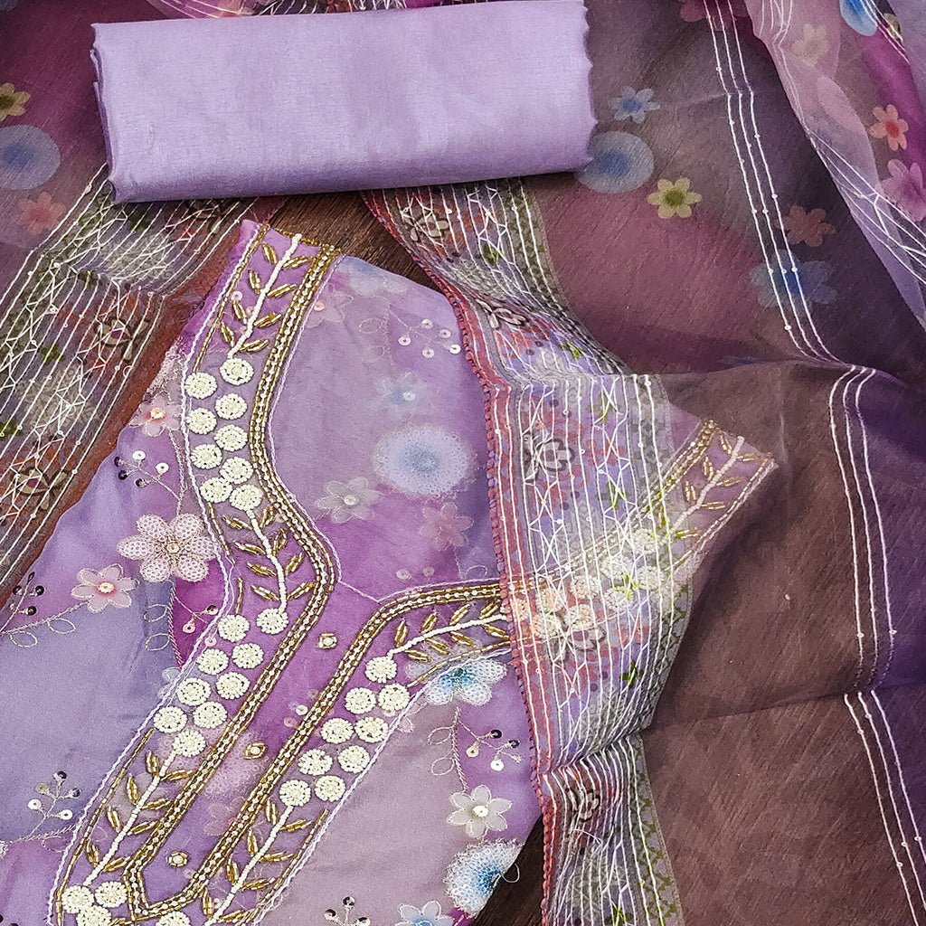 Lavender Floral Sequins Embroidered Organza Dress Material