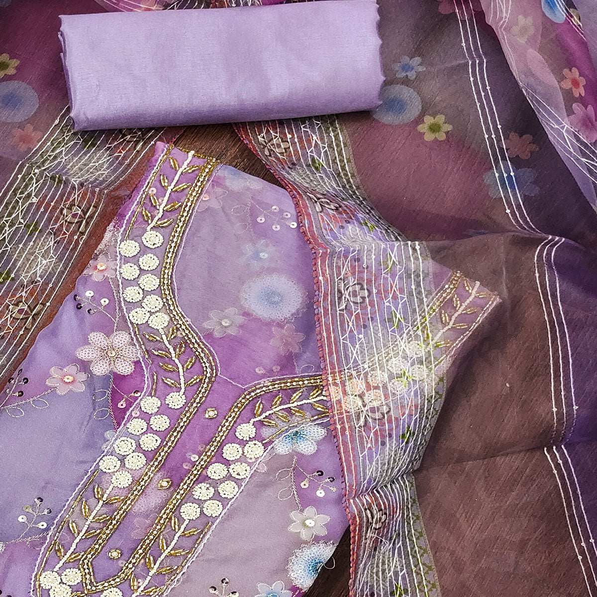 Lavender Floral Sequins Embroidered Organza Dress Material