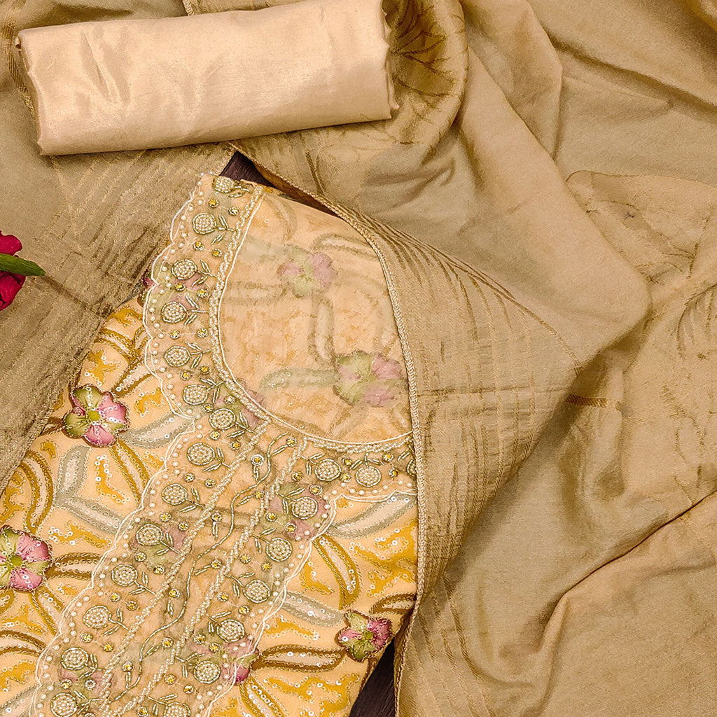 Chikoo Floral Sequins Embroidered Organza Dress Material