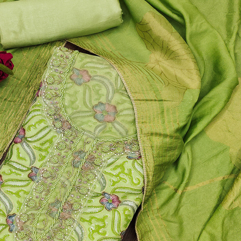 Green Floral Sequins Embroidered Organza Dress Material