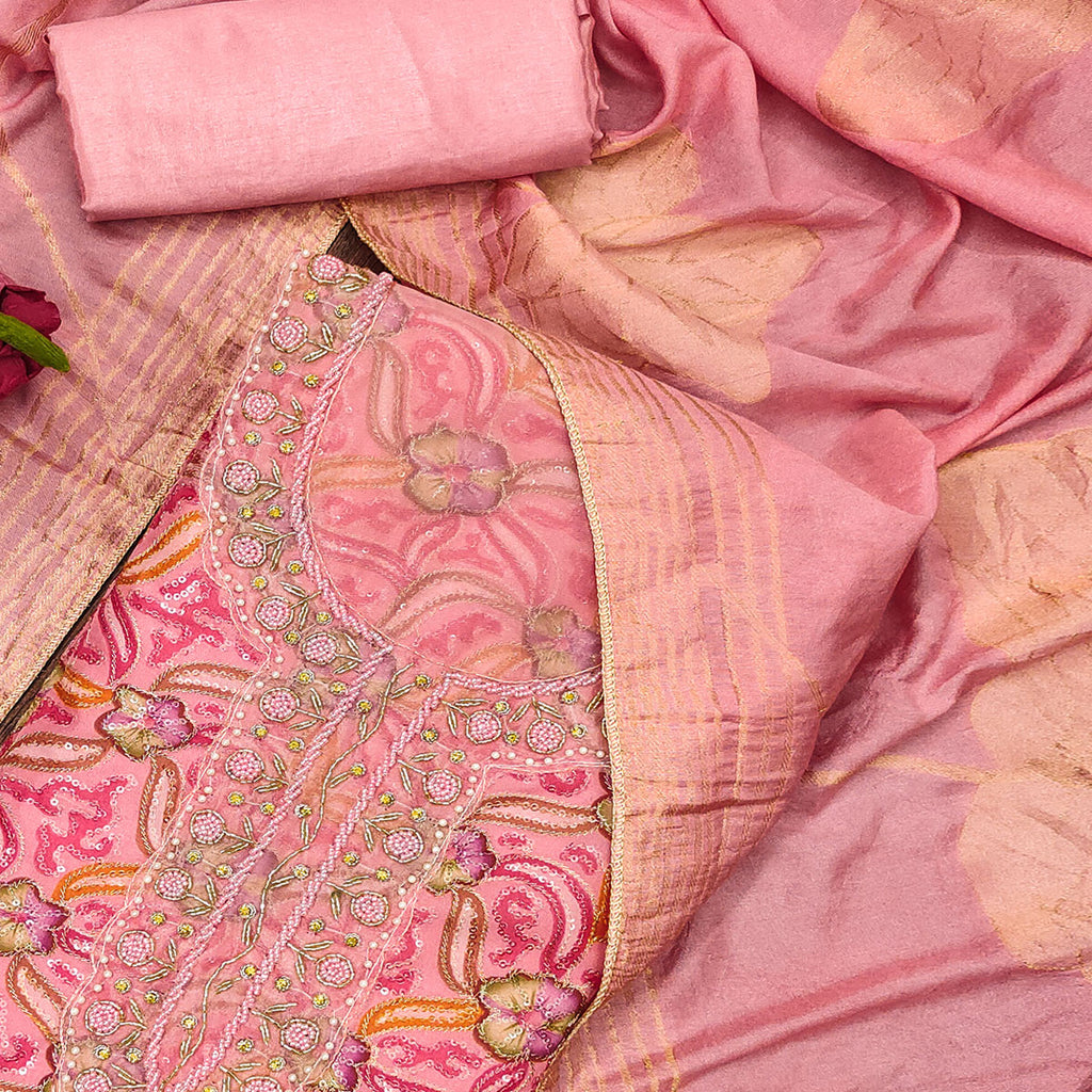 Pink Floral Sequins Embroidered Organza Dress Material